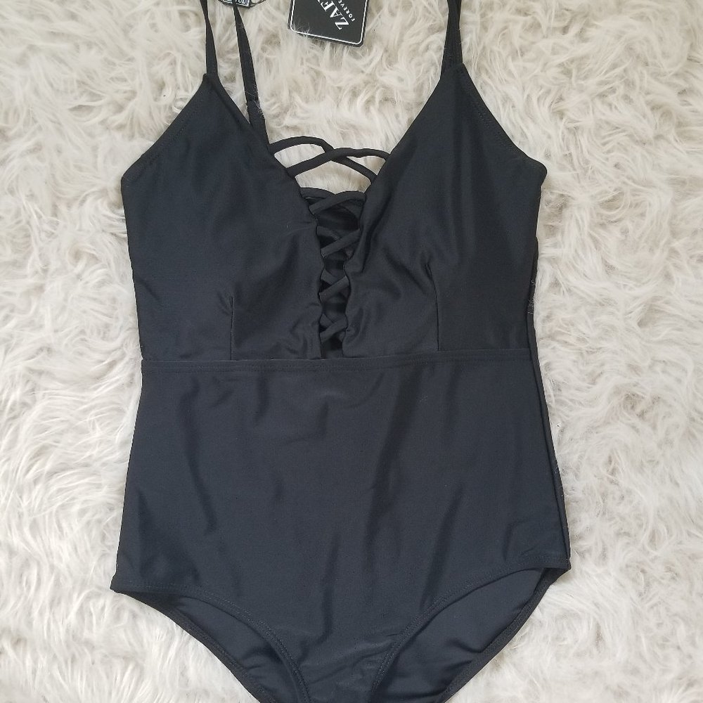 Zaful Lace Up Black One Piece Swimsuit